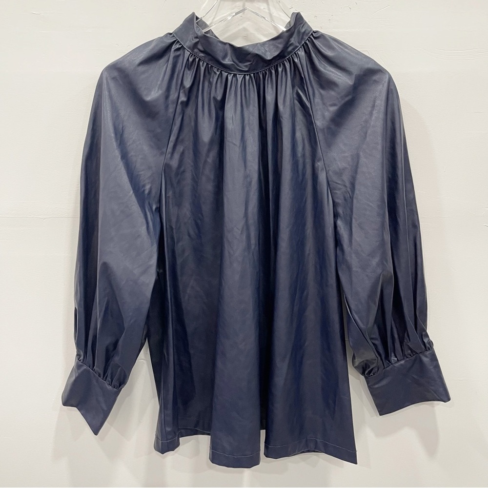 Rachel Comey x Target Navy Blue Faux Leather Blouse Button Back Tie Neck Large - Picture 2 of 13